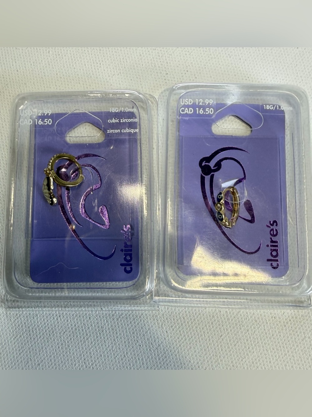 NWT CLAIRE’S 18G CARTILAGE HOOP EARRINGS CZ BUTTERFLY GOLD CHARM LOT OF 2